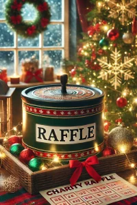 A festive Christmas scene featuring a charity raffle. The image shows a beautifully decorated table with Christmas decorations like baubles, fairy lig