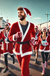 A festive scene featuring a joyful group of people dressed in Santa Claus costumes running along a seaside promenade in Brighton.