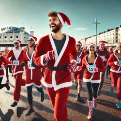 A festive scene featuring a joyful group of people dressed in Santa Claus costumes running along a seaside promenade in Brighton.