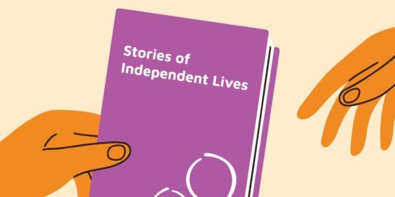 Illustration of two orange hands holding a purple book titled 'Stories of Independent Lives' against a light orange background